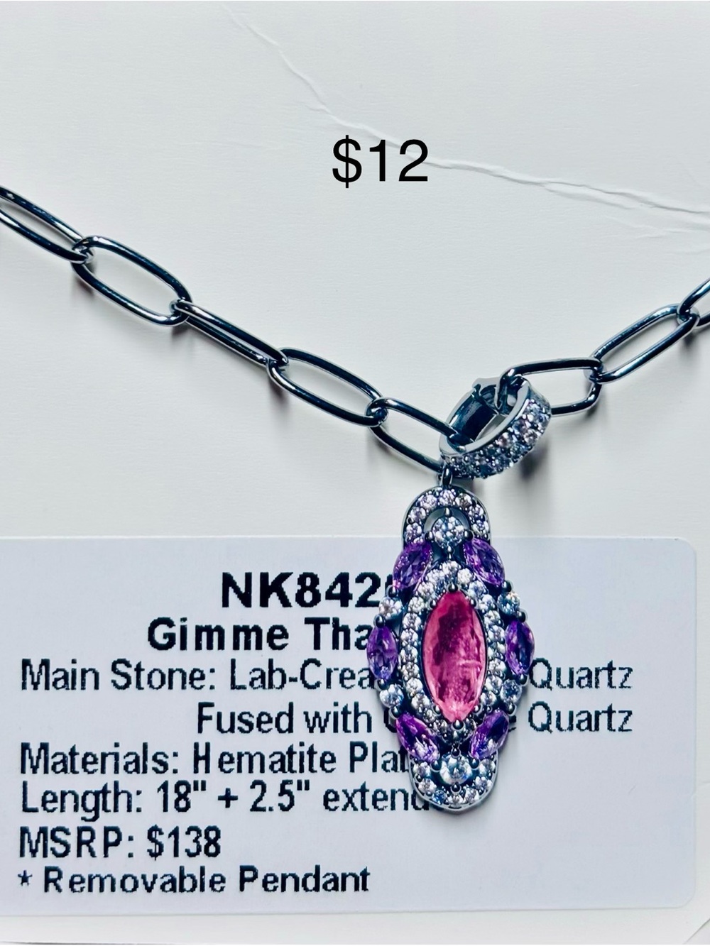 Pink and Purple Lab-Created Quartz Pendant Necklace - Hematite Plated
